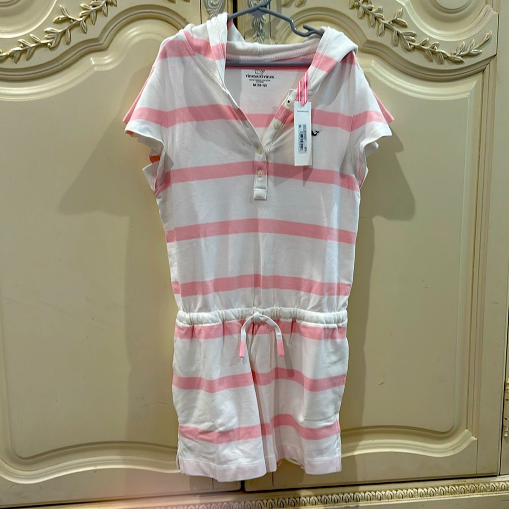 Super Cute Vineyard Vines striped Girls Romper with drawstring and hood.
